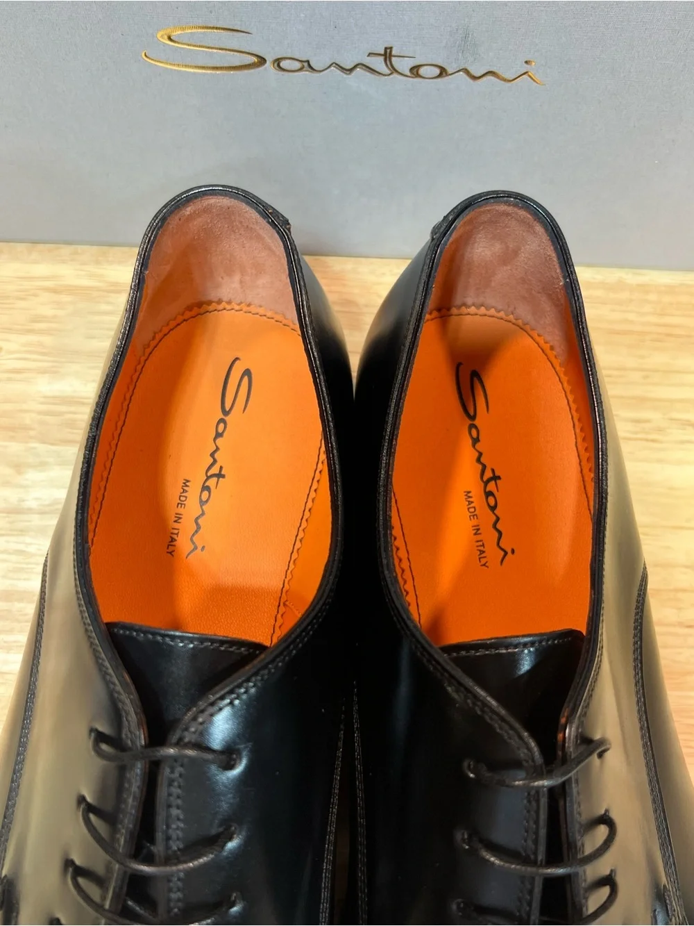 Santoni Archer Black Calfskin Leather Plain Toe Derby Shoes US 11M Made In 🇮🇹